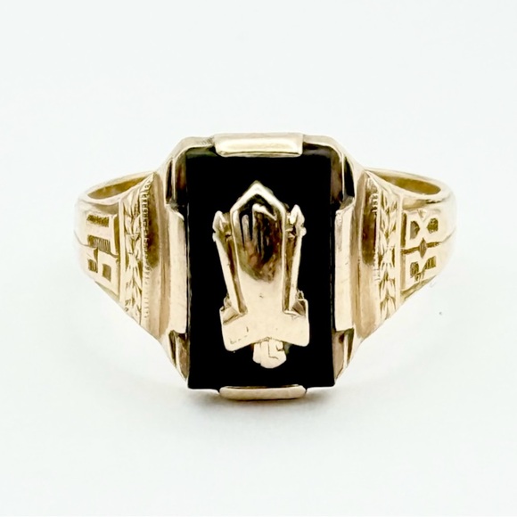 10K Solid Yellow Gold Black Onyx Class Ring - Vintage 1938 - Picture 5 of 14